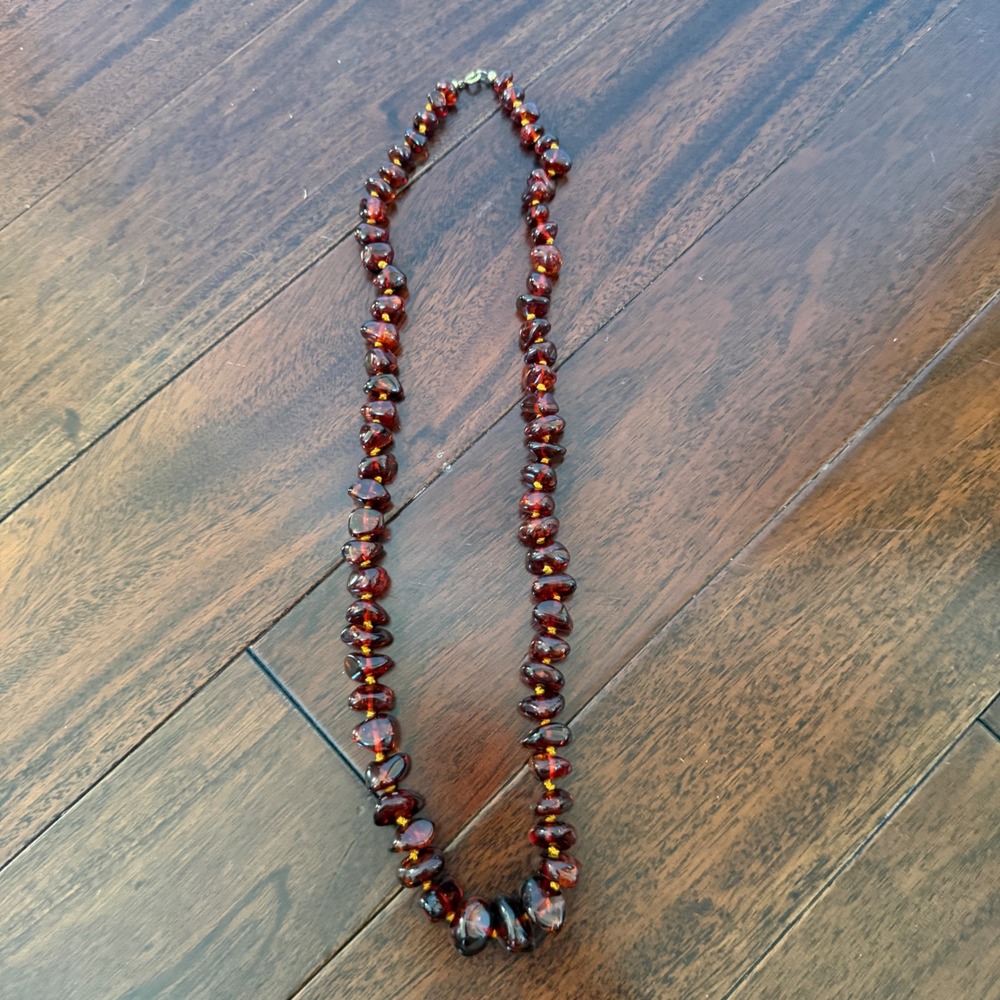 Vintage Genuine Amber Nugget Bead Necklace Cognac Cherry Honey Knotted 24"